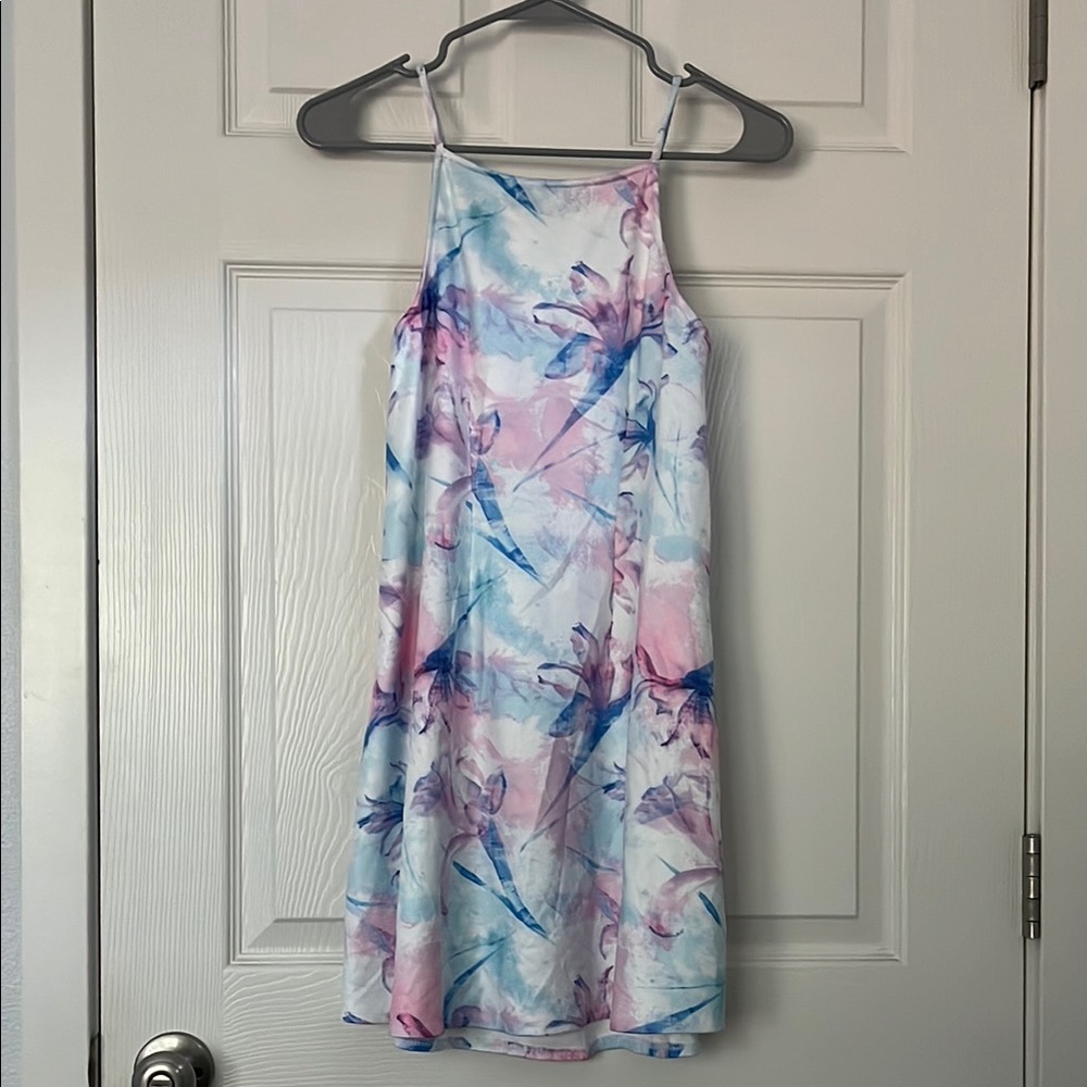 Floral Watercolor Blue Pink Sleeveless Mini Dress